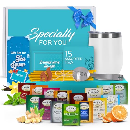 Tea Gifts for Women – Sampler Gift Basket with 15 Unique Blends, Honey Sticks, Stainless Tumbler &amp; Gift-Ready Box (White)
