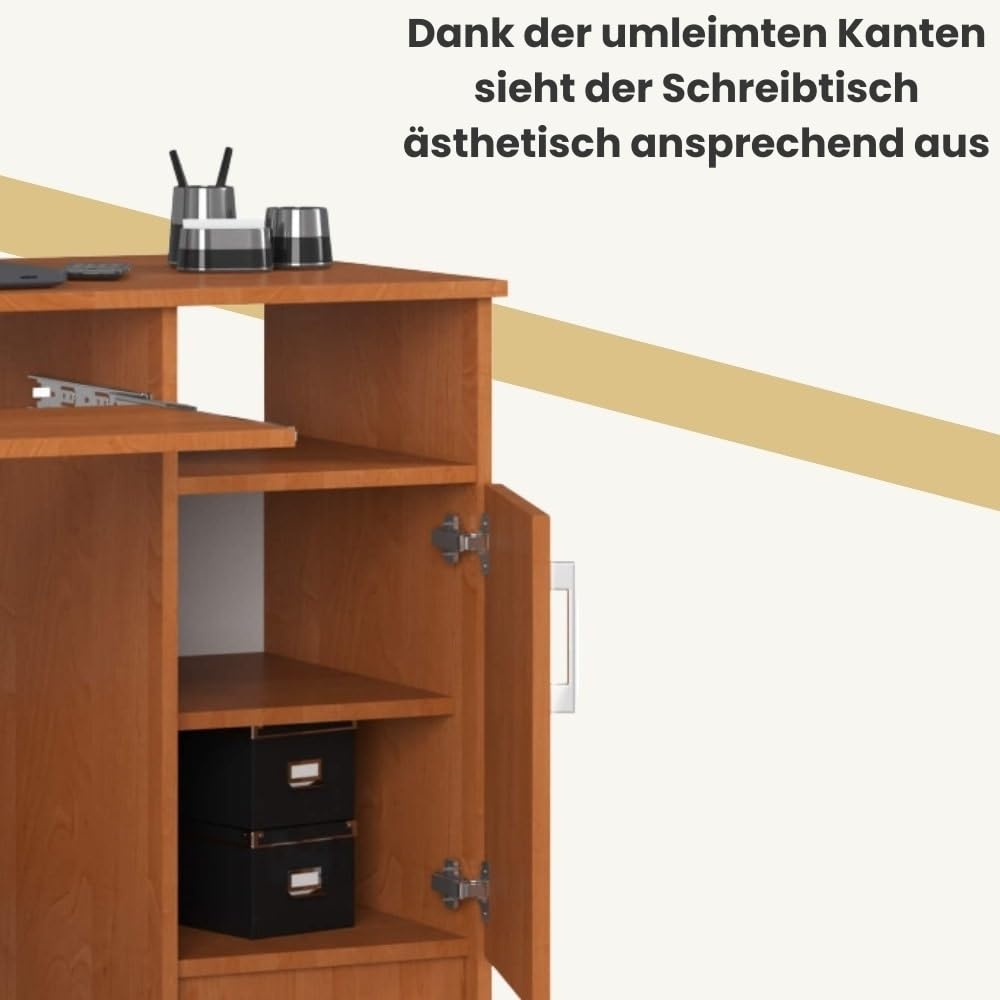 AKORD Schreibtisch ANA 124 cm | mit 1 Tür und 3 Schubladen | Office Desk | Computertisch | Bürotisch | PC-Schreibtisch | B124 x H74 x T52 cm | Gewicht 46,40 kg | Erle/Erle