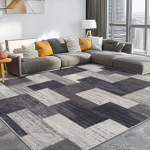 Calinline Moderne Geometrische Patchwork Indoor Wohnzimmer Teppich, Anthrazit 140x200 cm Große Teppiche Rockwood Sammlung Böden Dekor für Schlafzimmer, Grau Weich Kurzflor Waschbar Teppich Gegend