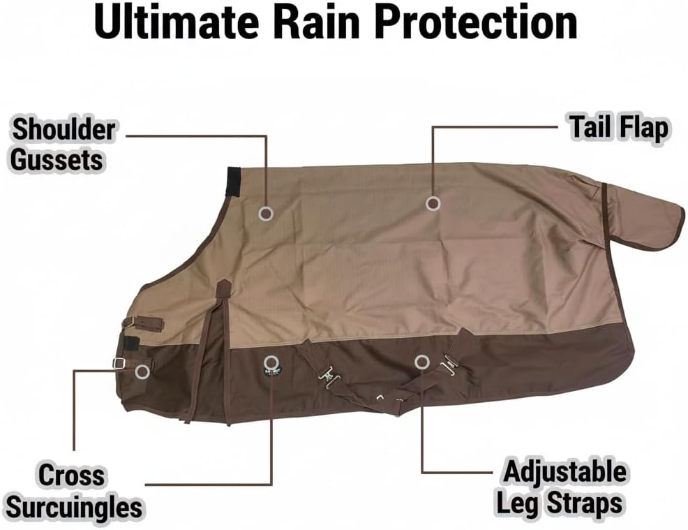 1200Denier Waterproof and Breathable Horse Sheet TGW RIDING Horse Blanket Standard Neck Turnout Sheet (78", Tan/Brown)