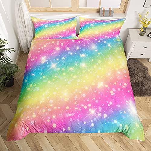 Homemissing Rainbow Color Bedding & Linen Set Girls Kids Cute Cartoon Duvet Cover with Zipper Ties Soft Microfiber Bedding Set,Single Size