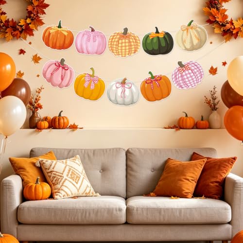Image of Bow Pumpkin Banner Fall Thanksgiving Pumpkin Party Banner Garland Sign | Orange Pink Fall Autumn Birthday Party Thanksgiving Home Fireplace Mantel Decor