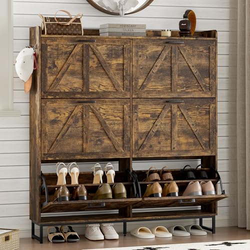 Image of BORNOON Shoe Cabinet with 6 Flip Drawers Narrow Shoe Storage Cabinet Organizer Wooden Freestanding Shoe Rack Hidden Slim Shoes Storage Cabinet for Entryway, Hallway, Living Room, Bedroom