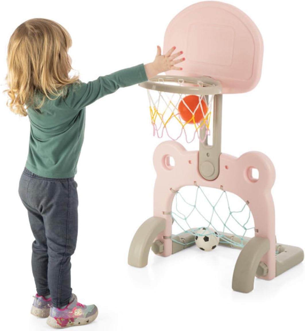 HEY! PLAY! 2-in-1 Toddler Basketball Hoop and Soccer Goal - Kids Basketball Hoop with 27 Adjustable Height Levels - Indoor/Outdoor Playset Sports Activity Center (Pink)