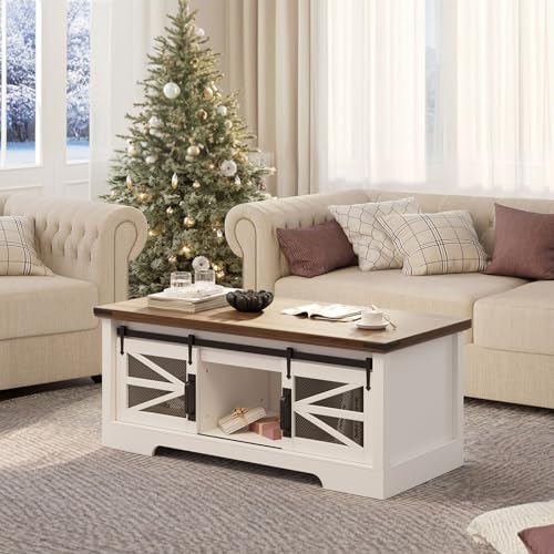 GarveeHome Lift Top Coffee Table, 47.2" Multifunction Coffee Table with Sliding Barn Door, Hidden Storage Compartment, Lifting Table Top and Adjustable Shelf, Farmhouse Rustic Center Dining Table