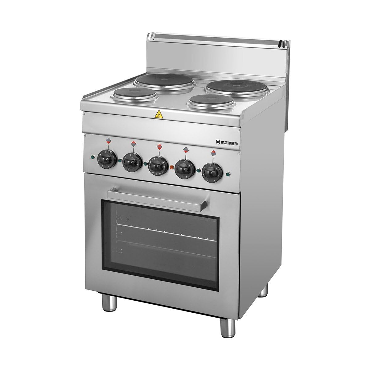 GastroHero Elektroherd mit Elektrobackofen, Edelstahl ME066-03-013 | mit Elektrogrill, 4 Kochfelder, Überhitzungsschutz, inkl. Thermostat, Leistung der Kochstellen 8,2 kW, 400V, Made in Europe