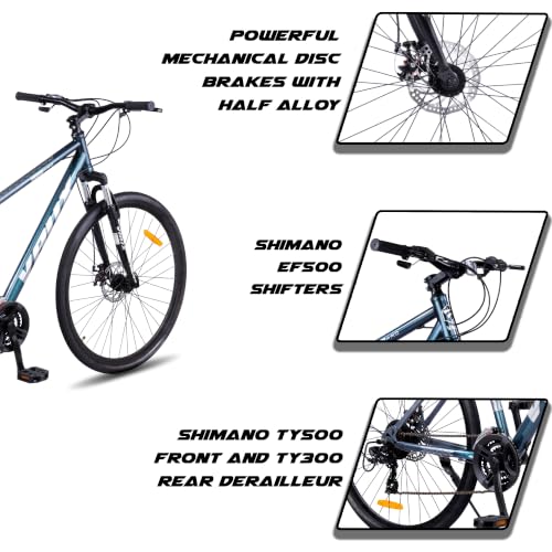 Image of Vaux City-Pro Hybrid Cycle for Men with Gears|21 Speed Shimano Gears| 19 Inch HI-Ten Steel Frame| Dual Disc Brakes| 700x35C Tyres|Double-Wall Alloy Rims (Grey-Blue, Multispeed, Suspension Fork)