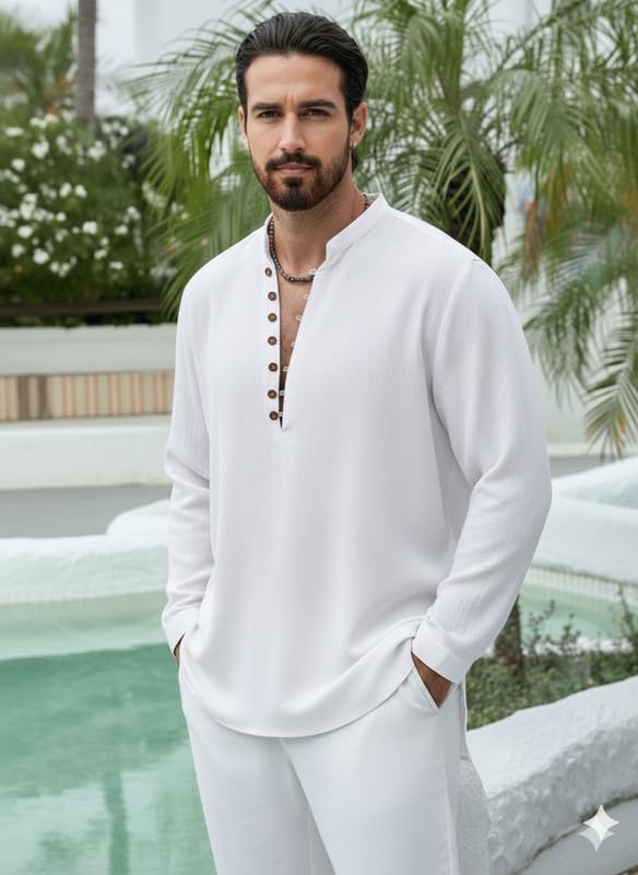 Image of DEELMO Men Stylish Cotton Blend Kurta with Button Detailing for Festive and Casual Wear | Comfortable Soft Fabric Kurta with Modern Mandarin Collar Traditional Outfit