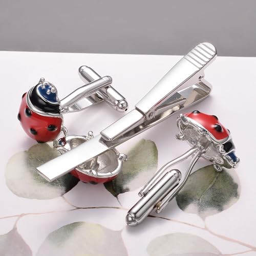 Gemelos plateados para hombre con mariquita original, accesorio de puño para trajes de fiesta 7