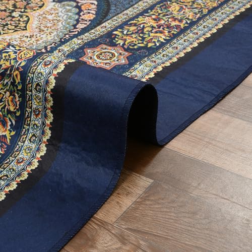 Image of Cotton Bolls Textiles Rugs for Living Room 5x7 Feet Large Size | Lightweight Foldable Carpet for Bedroom & Hall | Easy to Handle During Daily Cleaning | Travel Friendly Printed Rug | Navy
