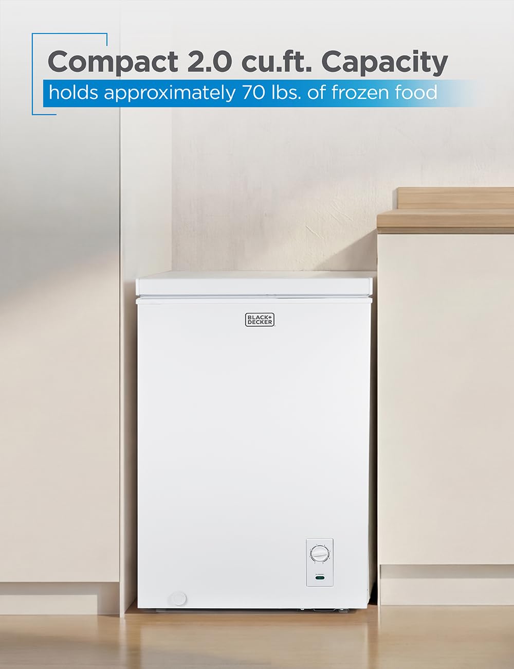 Black+Decker 2.0 Cu. Ft. Compact Chest Freezer, Deep Freezer Holds Up To 70 Lbs. Of Frozen Food, Removable Storage Basket, Manual Defrost, White on Fridge.com - View 2
