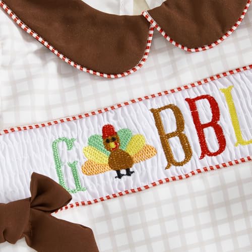 Infant Newborn Baby Girl Thanksgiving Outfit Turkey Gobble Smocked Bubble Romper Long Sleeve Plaid Bodysuit Clothes4