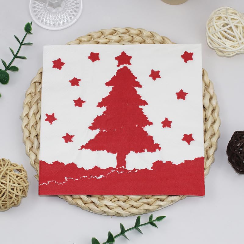 Servilletas Decoupage Árbol De Navidad Rojo Servilletas Papel Decoradas Cocktail Desechables Cumpleaños 2 Capas Toilet Paper Towels Baño para Bodas,Fiesta en el Jardín Mesa Deco 30 Paquetes(33x33cm）