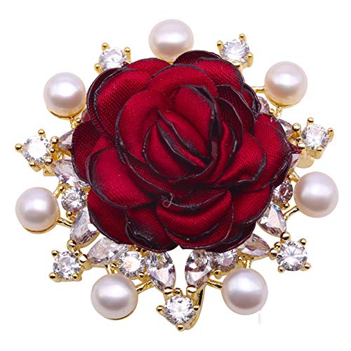 JYX Pearl Red Rose Brooch Pin Flatly Round 6mm White Pearl Brooch Pin Wedding Bridal Scarf Party Dress Bride Jewelry Gifts Bridesmaid Brooch Pins for Women
