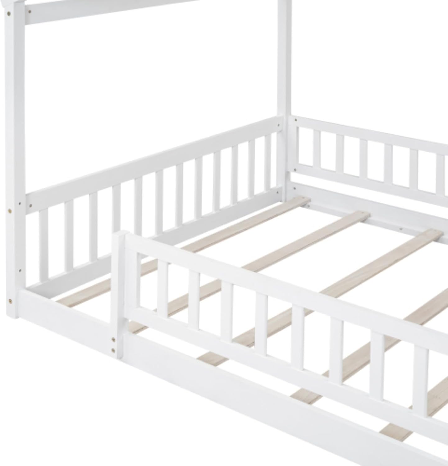 Full Size Bed House Bed Floor Bed Children's Bed Solid Wood Bed Frame with guardrail, Suitable for Children and Teenagers Modern and Simple White