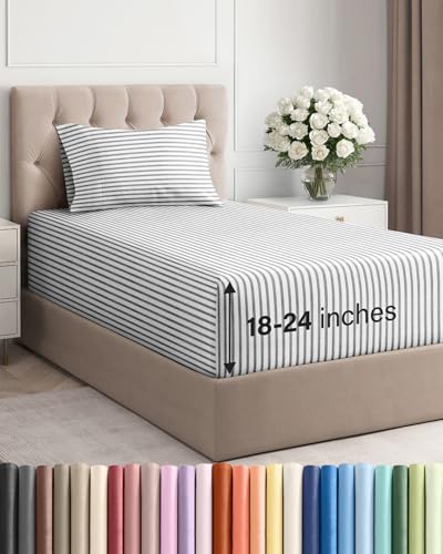 Extra Deep Twin Sheet Set - 3 Piece Breathable & Cooling - Grey Stripes