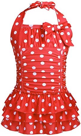 MSemis Little/Big Girls One Piece Adjustable Polka Dot Bathing Suit Ruffle Skirted Swimwear Swim Dress Red 13-14