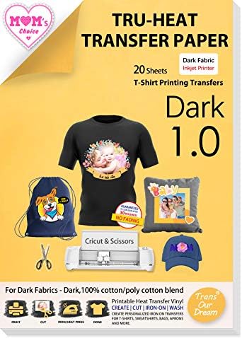 TransOurDream Tru-Iron on Heat Transfer Paper for Dark Fabric (20 Sheets, 8.5x11") T Shirt Transfers Paper for Inkjet Printer Printable Heat Transfer Vinyl for T-Shirts (TOD-7)
