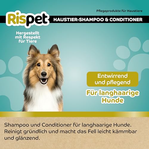 RISPET Shampoo und Spülung, Kokosnuss und Keratin, Reinigungs- und Desinfektionsmittel für Hunde und langhaarige Tiere, Zarte Formel ohne Allergene und ausgeglichener pH-Wert, Kokosnussduft, 370 ml