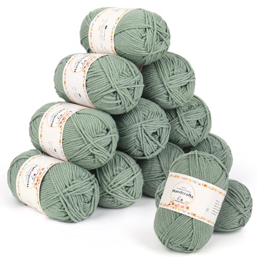Aeelike 600g(12x50g) Acrylgarn Wolle zum Stricken 5Ply Häkelwolle Baumwolle zum Häkeln Cotton Yarn Strickwolle Set für Anfänger Erfahrene Häkeler Elegantes Grün