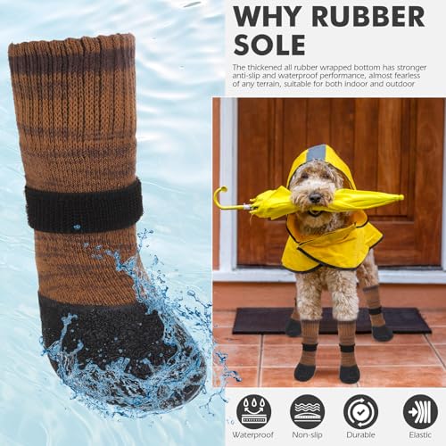 Image of Mihachi Anti Slip Dog Socks, Dog Boots for Hardwood Floors Prevent Licking, Traction Control Waterproof Rubber Sole Paw Protectors for Small Medium Large Dogs, Brown Large