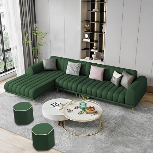 Image of Casaliving Herrick LHS 6 Seater L Shape Sofa Set with 2 Puffy for Living Room (Green Colour Fabric) Premium Velvet Fabric Sofa for Living Room