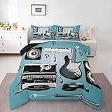 Feelyou Guitar Bedding Set Rock Music Comforter Musical Guitar Instruments Comforter Set for Kids Adults Popstar Party Blue Duvet Set Ultra Soft Room Decor Full Quilt Set