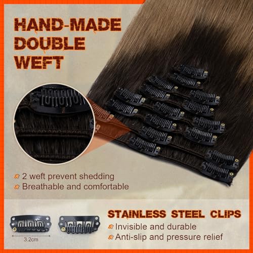 Image of Benehair Human Hair Clip in Extensions Ombre Dark Brown to Light Brown Hair Extensions for Women Long Straight Remy Natural Full Head 8pcs 10inch No Tape No Glue Clip ins #2T6