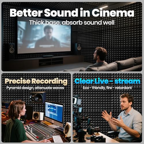 Focusound Acoustic Panels 24 Pack 2\"x12\"x12\" with 120 PCS Double-Side Adhesive - Sound Proof Pyramid Foam for Walls, Home Studio Noise Absorption & Echo Control Kit - Thumbnail 2