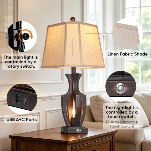 ROTTOGOON 26" Farmhouse Table Lamps Set of 2, 3-Way Touch Dimmable Nightstand Lamp with USB A+C Charging Port, Vintage Bedside Lamps with Dual Light Sources for Bedroom Nightstand End Table (Bronze) - Image 3