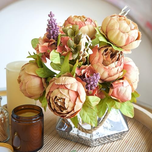 Image of FiveSeasonStuff Tawny Brown Artificial Peony Bouquets, 2 Silk Flower Bundles with Hydrangea Accents for Wedding Centerpieces & Home Decor