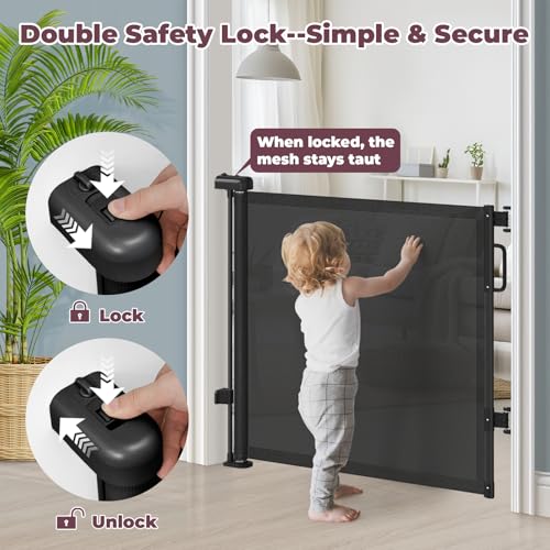 Image of Retractable Baby Gates 2 Pack, 55 inch Wide Mesh Dog Gate Indoor | 34 inch Tall Gate for Stairs Doorways Hallways Deck, Child Pet Safety Gate for Indoor Outdoor Home Use, Black