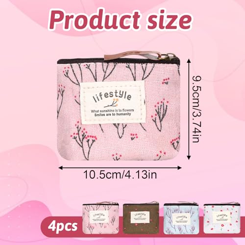Mini Makeup Bag, 4 Pcs Linen Floral Small Makeup Bag for Purse Portable Small Zipper Pouch Cute Fabric Mini Cosmetic Bags for Women Girls Home Travel Lipstick Coin Cards Storage (4 Style)2