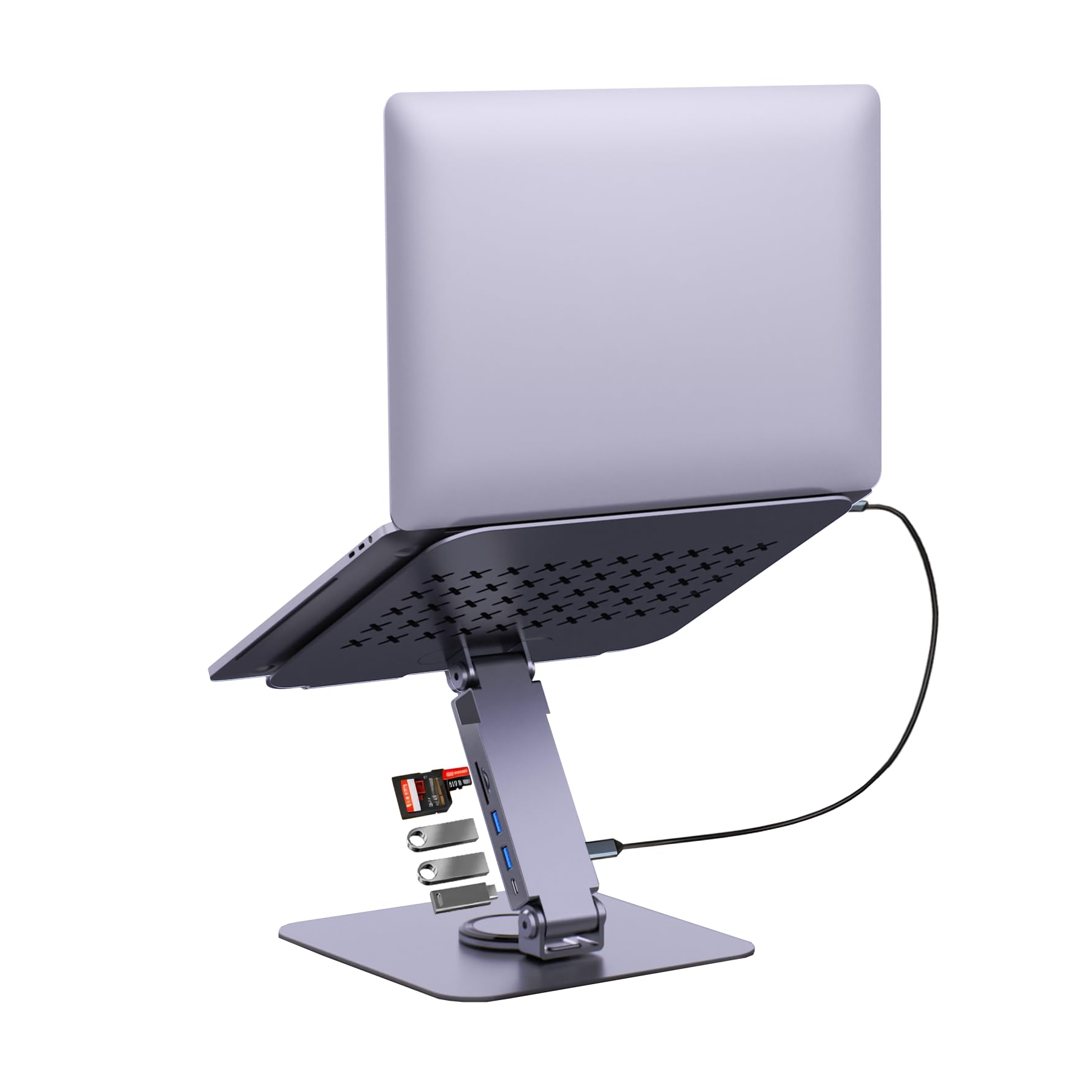 EJAY Soporte de estación de acoplamiento para laptop, soporte giratorio de 360° 5 en 1 para computadora con hub USB y lector de tarjetas SD/TF, soporte plegable ergonómico de aluminio para MacBook Pro