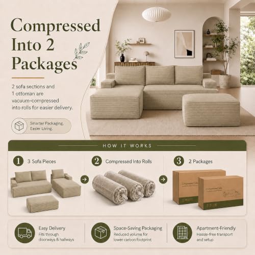 Image of Boneless Couch, Modular Sectional Couches for Living Room, U-Shaped Cloud Couch Sofa with Deep Seat, Fluffy Corduroy Upholstered Corner Sofa