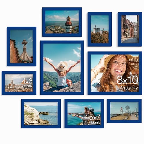 Image of Vittanly 10 Pack Picture Frames Collage Wall Decor, Gallery Frame Set for Wall Mounting or Tabletop Display, Multi Sizes Including 2pcs 8x10, 4pcs 5x7, 4pcs 4x6, Blue