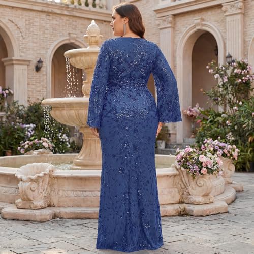 Image of Plus Size Formal Dresses for Women with Embroidery Sequin and Cape Sleeve, V-Neck Maxi Dress for Wedding and Party