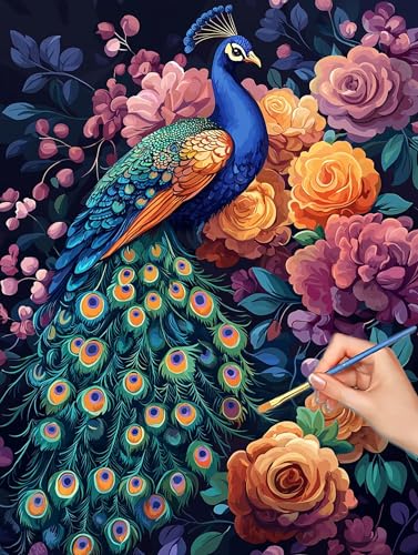 Animals Paint by Numbers for Adults, DIY Paint by Numbers Peacock, Painting by Number for Adults Beginners, Canvas Kits with Bru