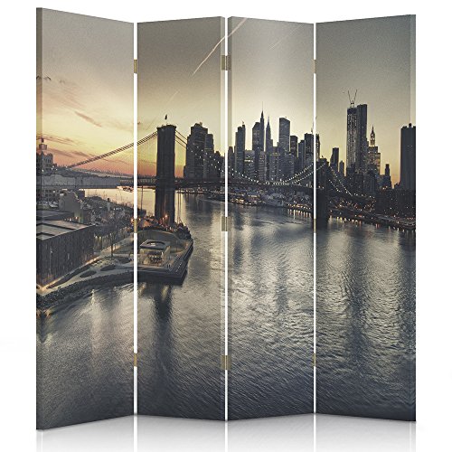 Feeby Paravent Brooklyn Bridge New York 4 Panneaux 145x150 cm Une Seule Côté Cloison de séparation Écran Pliant Foto Paravent Interieur Décoratif Chambre d'enfant Salon Bureau Gris Jaune