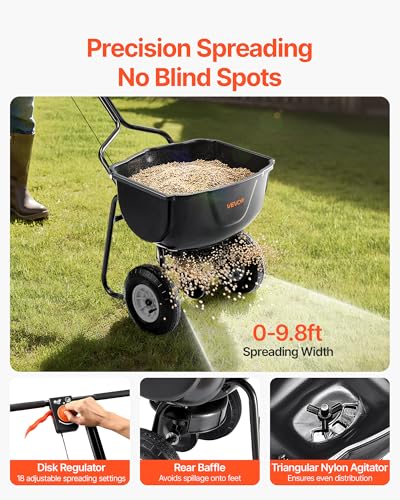 Image of VEVOR Walk Behind Spreader, 60LBS Capacity, Push Spreader with 0-9.8 ft Spreading Width, 8 in All Terrain Pneumatic Tires, Garden & Lawn Broadcast Spreaders, for Seed, Fertilizer