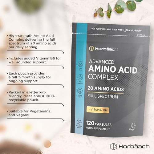 Amino Acid Supplement | Essential Complex | All BCAA & EAA Including Lysine & Arginine | Full Spectrum | 120 Vegan Powder Capsules | Free Form | by Horbaach