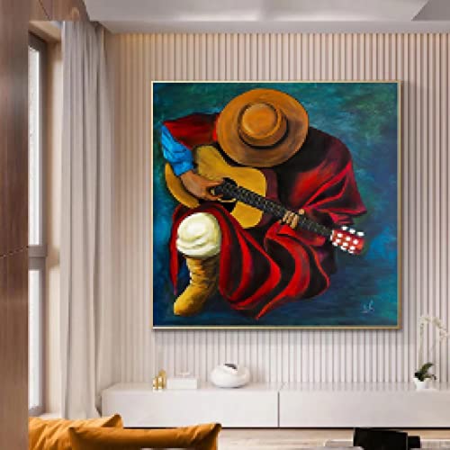 Portrait joueur de guitare sur toile peinture affiche déco maison mur art 80x80cm