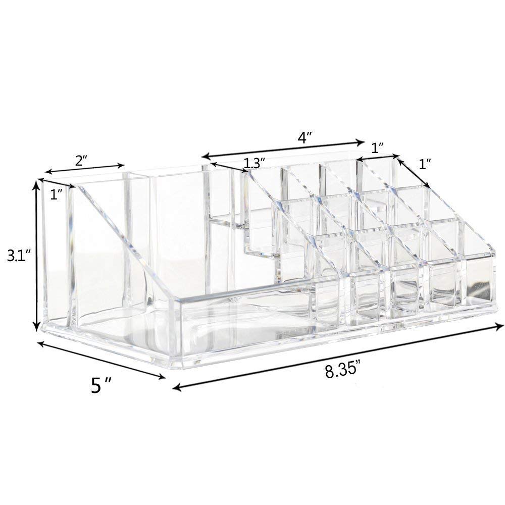 RABBONIX 16 Compartment Cosmetic Organizer Box Makeup Storage Drawer Desk Bathroom Makeup Brush Lipstick Jewelry Storage Box Holder Case (Clear)