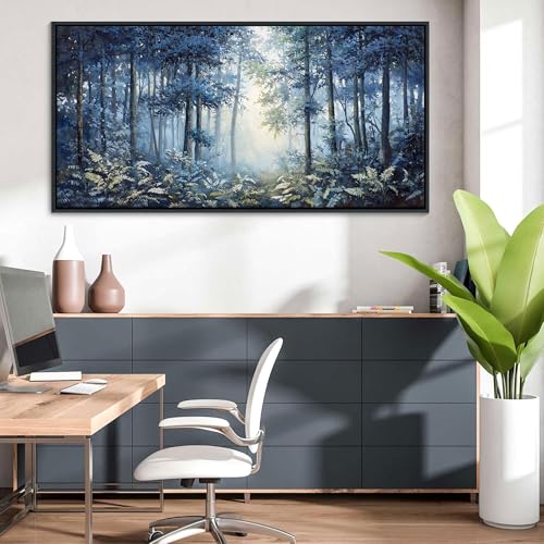 Image of Forest Canvas Wall Art for Living Room - Navy Blue Bedroom Wall Art, Landscape Pictures Wall Decor, Forest Painting, Framed Nature Tree Artwork Walls 24x48IN