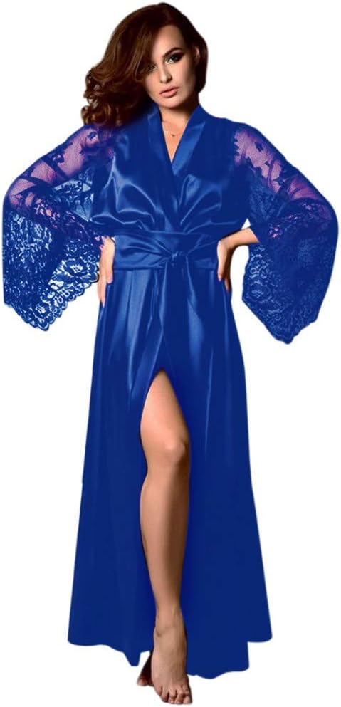 Women Satin Solid Color Silk Lace Long Sleeve Lingerie Breathable Bowknot Nightgown Comfortable Charming Sexy Sleepwear Attrictive Hot Long Robe for Women
