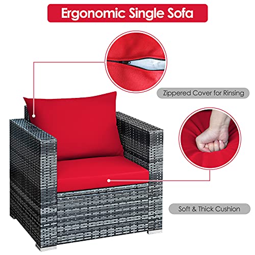Toolsempire 3 Pieces Patio Furniture Set Outdoor Rattan Wicker Conversation Set With Water-Resistant Cushion & Tempered Glass Tabletop, Outdoor Sectional Furniture For Porch, Blacony, Backyard(Red) #TOP1