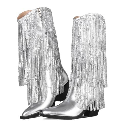 Mattiventon Fringe Metallic Cowboy Boots For Women Sparkly Tassel Pointed Toe Chunky Hell Mid Calf Boots
