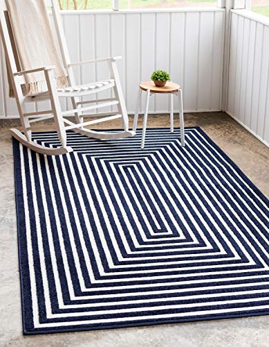 Unique Loom Sabrina Soto Outdoor Collection Geometric, Modern, Vibrant, Carved Area Rug, 4 x 6 ft, Navy Blue/Ivory