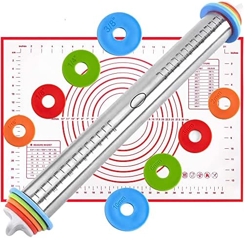 17'' Adjustable Rolling Pin Stainless Steel and 24"x16" Silicone Pastry Baking Mat Set，Adjustable Size Rolling Pin With Thickness Rings, Baking Tools for Making Pizza, Cookies, Fudge, Cakes, Pasta