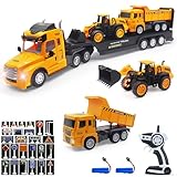Yiwsnust RC Semi Truck with Trailer: 2.4Ghz Remote Control Flatbed Truck with Construction Vehicles, 25 Inch Large RC Semi-Trailer Engineering Tractor with LED Light, Birthday Gift for Kids Boys